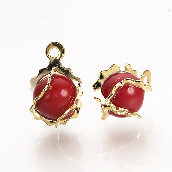 Brass Charms, with Acrylic, Round, Nickel Free, Real 18K Gold Plated, Red, 11x8x8mm, Hole: 1mm