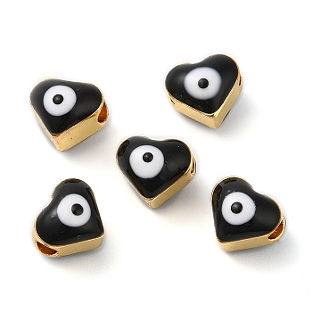 Golden Tone Brass Enamel Beads, Cadmium Free & Lead Free, Long-Lasting Plated, Heart with Evil Eye, Black, 6x7x6mm, Hole: 2mm