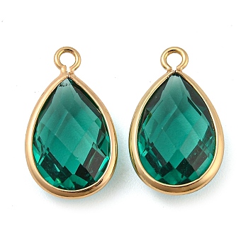 Brass with Sea Green Glass Pendants, Faceted Teardrop Charms, Long-Lasting Plated, Golden, 15.5x9x5mm, Hole: 1.4mm