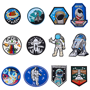 HOBBIESAY 12Pcs 12 Style Space Theme Polyester Computerized Embroidery Cloth Iron on/Sew on Patches, Costume Accessories, Appliques, Mixed Patterns, 63.5~93x1~2mm, 1pc/style