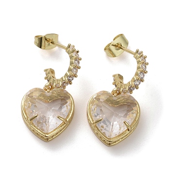 Cubic Zirconia Heart Dangle Stud Earrings, Real 16K Gold Plated Brass Half Hoop Earrings, Clear, 27.5x13.5mm