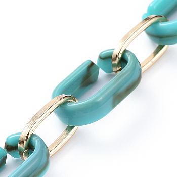 Handmade Acrylic & Aluminium Cable Chains, Imitation Gemstone, Flat Oval, for Jewelry Making, Light Gold, Dark Turquoise, Link: 18.5x11.5x4.5mm, 14.5x8.5x1.5mm, about 39.37 inch(1m)/strand