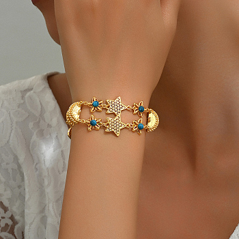 Fashionable Star & Bowknot Real 18K Gold Plated Alloy Synthetic Turquoise Link Bracelets for Women, 6-3/4 inch(17cm)