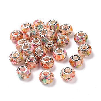 Transparent Resin European Rondelle Beads, Large Hole Beads, with Snack Polymer Clay and Platinum Tone Alloy Double Cores, Colorful, 14x8.5mm, Hole: 5mm