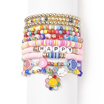 11Pcs 10 Style Synthetic Turquoise(Dyed) & Hematite & Millefiori Glass Stretch Bracelets Set with Word Happy Beaded, Sunflower & Cloud Charms Stackable Bracelets, Polymer Clay Preppy Jewelry for Women, Mixed Color, Inner Diameter: 2~2-1/8 inch(5~5.5cm)