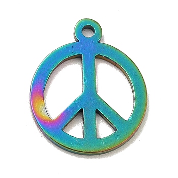 Ion Plating(IP) 201 Stainless Steel Pendants, Flat Round with Peace Symbol, Rainbow Color, 14x11.5x1mm, Hole: 1mm