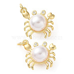 Brass Charms, with ABS Plastic Imitation Pearl, Crab Charms, Cadmium Free & Lead Free, Rack Plating, Long-Lasting Plated, Real 18K Gold Plated, 14x15x8.5mm, Hole: 3mm(PL-CBA03AF-05G)