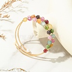Cube Natural Tourmaline & Freshwater Pearl Beaded Copper French Wire Wrap Cuff Bangles, Double Layers Bangles for Women, Inner Diameter: 2.20 inch(5.6cm)(BJEW-JB13984-01)