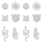 12Pcs 6 Styles 201 Stainless Steel Pendants, Laser Cut, Sun & Hand & All Seeing Eye & Snake & Cat  & Flat Round with Planet, Stainless Steel Color, 22~49x24~35x1mm, Hole: 1.4mm, 2pcs/style(STAS-DC0013-90)