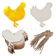 Animal Theme Unfinished Blank Wooden Pendants Set for Painting Arts, Pyrography, Home Decor, with Jute Cord, Rooster, 10.1x9x0.2cm, Hole: 4mm, 20pcs(WOOD-WH0124-26E)