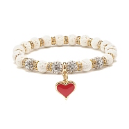 Natural Lava Rock Stretch Bracelet with Rhinestone Beads, Essential Oil Gemstone Bracelet with Heart Charm for Women, White, Inner Diameter: 2-1/8 inch(5.4cm)(BJEW-JB07723-02)
