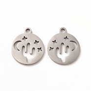 201 Stainless Steel Charms, Flat Round with Hollow Out Cactus, Stainless Steel Color, 14x11.5x1mm, Hole: 1mm(STAS-E188-10P)
