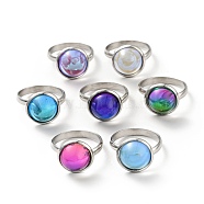 K9 Glass Flat Round Finger Ring, 304 Stainless Steel Jewelry for Women, Stainless Steel Color, Mixed Color, US Size 7 3/4(17.9mm), Ring Surface: 14x7mm(RJEW-G253-02B-P)