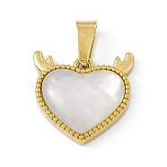 Natural Shell Heart Charms with Antler, with Vacuum Plating 304 Stainless Steel Findings, Golden, 14x14x3.5mm, Hole: 6x3mm(STAS-P315-16G)