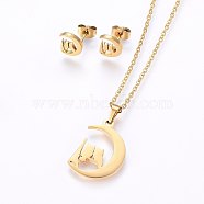 304 Stainless Steel Jewelry Sets, Stud Earrings and Pendant Necklaces, Moon with Owl, Golden, Necklace: 17.7 inches(45cm), Stud Earrings: 9x7.5x1.2mm, Pin: 0.8mm(SJEW-O090-24G)