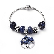 Brass European Bracelets, with Natural Sodalite Rondelle Beads, Tibetan Style Alloy Flower Beads and Alloy Gemstone Charms, Flat Round with Tree, 7-1/2 inch(19cm)(BJEW-JB04795-05)
