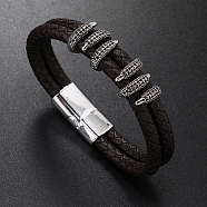 Leather Double Layer Multi-strand Bracelet, with Platinum Alloy Magnetic Clasp, Coconut Brown, 8-1/4~8-5/8 inch(21~22cm)(PW-WG38851-01)