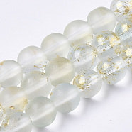 Frosted Spray Painted Glass Beads Strands, with Golden Foil, Round, Azure, 8~9mm, Hole: 1.2~1.5mm, about 46~56pcs/Strand, 14.37 inch~16.3 inch(36.5~41.4cm)(GLAA-N035-03C-C09)