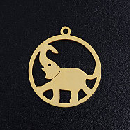 201 Stainless Steel Pendants, Circle with Elephant, Golden, 22.5x20x1mm, Hole: 1.5mm(STAS-S105-JN373-2)
