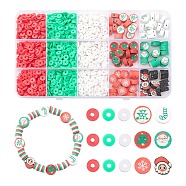 9 Style Christmas Handmade Polymer Clay Beads, Flat Round with Mixed Shapes, Mixed Color, 6~11x6~11.5x1~5mm, Hole: 1.4~2mm(CLAY-YW0001-91)