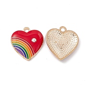 Alloy Enamel Pendant, with Rhinestone, Heart with Rainbow Charm, Golden, FireBrick, 20x18x3.5mm, Hole: 2mm(ENAM-H039-07G-B)