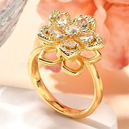 Flower Rotatable Finger Ring for Women, Brass Micro Pave Clear Cubic Zirconia Fidget Spinner Rings, Real 18K Gold Plated, 15x15mm, Inner Diameter: 17mm(RJEW-U035-01G-01)