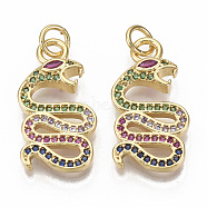 Brass Micro Pave Cubic Zirconia Pendants, with Jump Rings, Nickel Free, snake, Colorful, Real 16K Gold Plated, 22x11.5x3mm, Jump Rings: 5x1mm, 3mm inner diameter.(ZIRC-T014-013-NF)