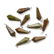 Natural Unakite Pointed Pendants, with Platinum Plated Brass Loops, Bullet, 35.3~38x13~14mm, Hole: 6.5x2.8mm(G-I314-02P-22)