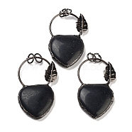 Natural Obsidian Heart Big Pendants, Brass Ring Charms with Leaf & Jump Rings, Red Copper, 53~56x32~34x7~7.5mm, Hole: 6.6mm(G-A221-05F)