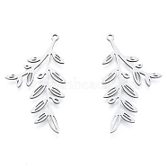 201 Stainless Steel Pendants, Leafy Branch Charms,  Leaf, Stainless Steel Color, 37.5x21x1mm, Hole: 1.5mm(STAS-N090-LA968-1)