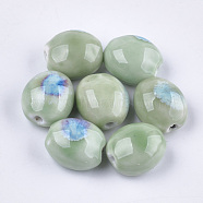 Handmade Porcelain Beads, Fancy Antique Glazed Porcelain, Oval, Medium Aquamarine, 20~21x17.5~18x12~13mm, Hole: 2.5~3mm(PORC-S498-26A)
