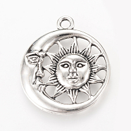 Tibetan Style Alloy Pendants, Flat Round with Sun & Moon, Cadmium Free & Nickel Free & Lead Free, Antique Silver, 30x26.5x3mm, Hole: 2.5mm, about 240pcs/1000g(TIBEP-Q064-22AS-NR)