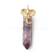 Elephant Natural Amethyst Pointed Pendants, with Ion Plating(IP) Platinum & Golden Tone 304 Stainless Steel Findings, Faceted Bullet Charm, 42mm, Elephant: 19x14x3.5mm, Bullet: 32.5x8x8.5mm, Hole: 2.7mm(G-I333-06A)
