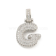 Brass Micro Pave Clear Cubic Zirconia Pendants, Platinum, Letter G, 31x19x5mm, Hole: 3x6mm(KK-B099-01P-G)