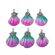 Spray Painted Natural Freshwater Shell with Rhinestone Pendants, Rainbow Color Shell Charms with Evil Eye, with Platinum Plated Alloy Findings, Magenta, 42~48x32.5~40x7.5mm, Hole: 4x7mm(BSHE-G033-07A)