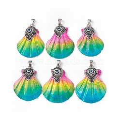 Spray Painted Natural Freshwater Shell with Rhinestone Pendants, Rainbow Color Shell Charms with Evil Eye, with Platinum Plated Alloy Findings, Colorful, 42~48x32.5~40x7.5mm, Hole: 4x7mm(BSHE-G033-07B)