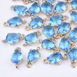 Transparent Glass Links connectors, with Brass Findings, Faceted, Teardrop, Light Gold, Dodger Blue, 13x7x3.5mm, Hole: 1.2mm(X-GLAA-T007-18C)