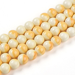 Baking Paint Glass Beads, Imitate Porcelain Beads, Round, Two Tone, Gold, 8~8.5mm, Hole: 1mm(X1-DGLA-N012-8mm-03)