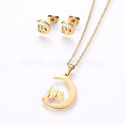 304 Stainless Steel Jewelry Sets, Stud Earrings and Pendant Necklaces, Moon with Owl, Golden, Necklace: 17.7 inch(45cm), Stud Earrings: 9x7.5x1.2mm, Pin: 0.8mm(SJEW-O090-24G)