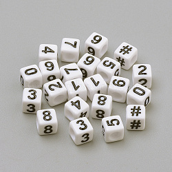 Opaque Acrylic European Beads, Large Hole Beads, Cube with Number, White, 6x6x6mm, Hole: 4mm, about 3000pcs/500g(SACR-S298)