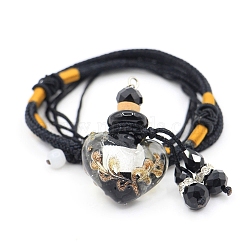 Baroque Style Heart Handmade Lampwork Perfume Essence Bottle Pendant Necklace, Adjustable Braided Cord Necklace, Sweater Necklace for Women, Black, Bottle: 40x22mm(PW-WG42346-04)