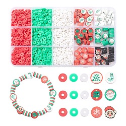 9 Style Christmas Handmade Polymer Clay Beads, Flat Round with Mixed Shapes, Mixed Color, 6~11x6~11.5x1~5mm, Hole: 1.4~2mm(CLAY-YW0001-91)