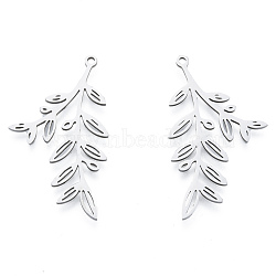 201 Stainless Steel Pendants, Leafy Branch Charms,  Leaf, Stainless Steel Color, 37.5x21x1mm, Hole: 1.5mm(STAS-N090-LA968-1)