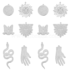 12Pcs 6 Styles 201 Stainless Steel Pendants, Laser Cut, Sun & Hand & All Seeing Eye & Snake & Cat  & Flat Round with Planet, Stainless Steel Color, 22~49x24~35x1mm, Hole: 1.4mm, 2pcs/style(STAS-DC0013-90)