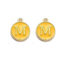 Golden Plated Alloy Enamel Charms, Enamelled Sequins, Flat Round with Alphabet, Letter.M, Yellow, 14x12x2mm, Hole: 1.5mm(ENAM-Q437-13M)