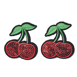 Computerized Embroidery Cloth Iron On Patches, with Paillette, Costume Accessories, Appliques, Cherry, Red, 56x48x1.5mm(X-FIND-T030-116)