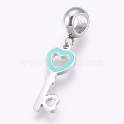 304 Stainless Steel European Dangle Charms, Large Hole Pendants, with Enamel, Heart Key, Stainless Steel Color, Cyan, 30mm, Hole: 4mm, Pendant: 20x8x1mm(STAS-O097-14A)