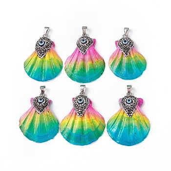 Spray Painted Natural Freshwater Shell with Rhinestone Pendants, Rainbow Color Shell Charms with Evil Eye, with Platinum Plated Alloy Findings, Colorful, 42~48x32.5~40x7.5mm, Hole: 4x7mm