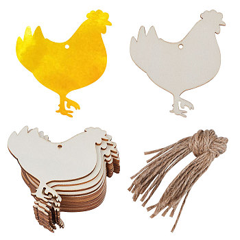 Animal Theme Unfinished Blank Wooden Pendants Set for Painting Arts, Pyrography, Home Decor, with Jute Cord, Rooster, 10.1x9x0.2cm, Hole: 4mm, 20pcs