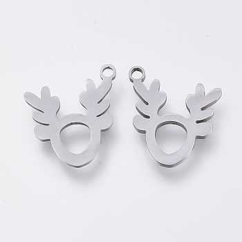 201 Stainless Steel Charms, Laser Cut Pendants, Elk Christmas Reindeer/Stag, Stainless Steel Color, 14x13x1mm, Hole: 1.2mm